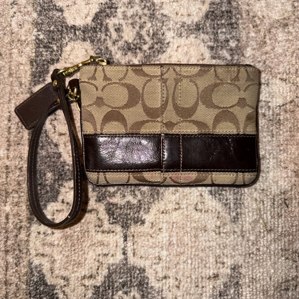 Coach Khaki and Dark Brown Signature Canvas Wristlet with Gold Hardware